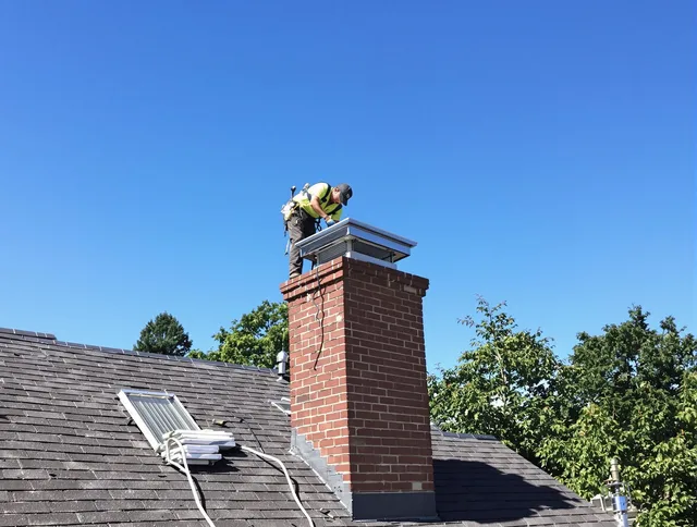 Bristol Chimney Sweep technician measuring a chimney cap in Bristol, CT
